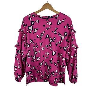 Crown & Ivy Pink Heart Leopard‎ Print Ruffle Sweatshirt Large Cozy Valentine's